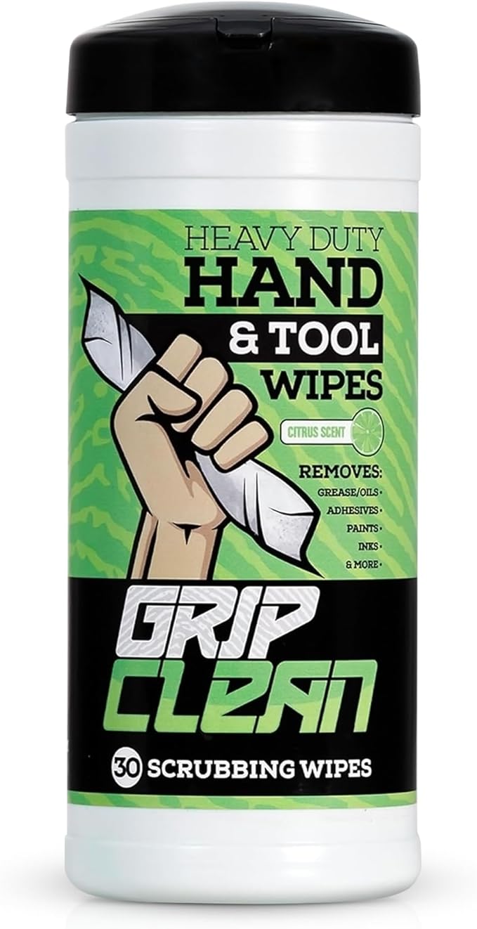 Grip Clean Heavy Duty Hand & Tool Cleaning Wipes – Waterless Hand Cleaner for Mechanics, Garage & Shop Use – Dual-Sided Grease, Oil & Paint Remover Wipes with Citrus Scent - 30ct