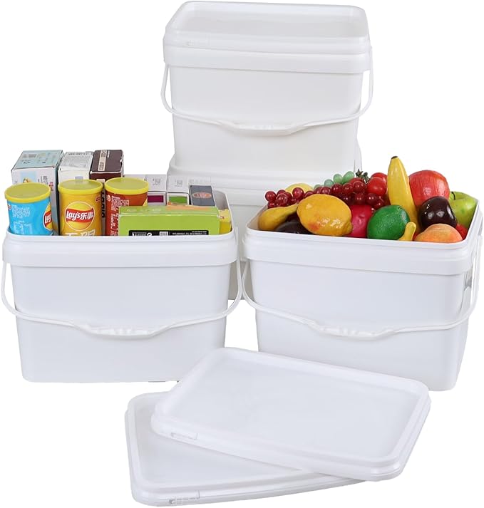 Saedy 5 Gallon Rectangular Food Storage Bucket, Set of 4 White Plastic Utility Pail, Food Grade Bucket with Lid and Handle