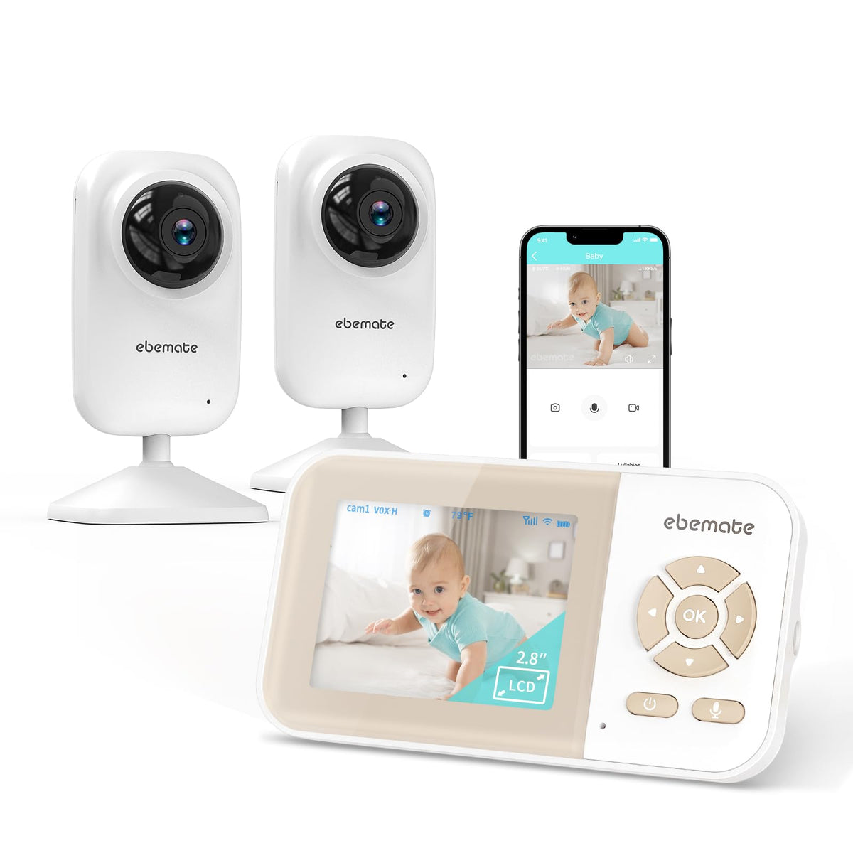 ebemate Video Baby Monitor Camera with 2 Camera,2.8" LCD Screen Video & Audio No Glow Night Vision,2-Way Talk Audio Cam Baby Monitoring 1200FT Range EBE28-2