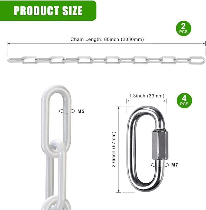 2Pcs 80" Swing Chain with Hooks Swing Set Chain 1000 LBs Capacity Coated Porch Swing Chains with Carabiners White Chains for Hanging Chair, Hammock Chairs, Swing Chairs, Heavy Bags