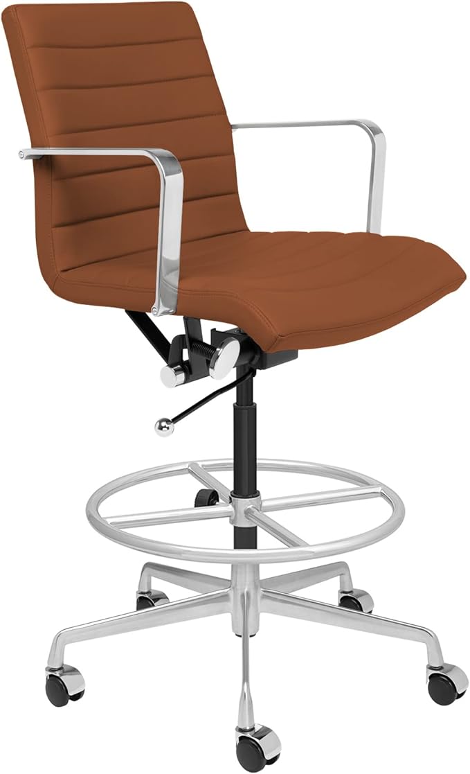 Laura Davidson Furniture SOHO II Ribbed Drafting Chair for Standing Desks, Standing Desk Chair - Ergonomically Designed, Commercial Grade Draft Height, Arm Rest & Cushion, Made of Faux Leather, Brown