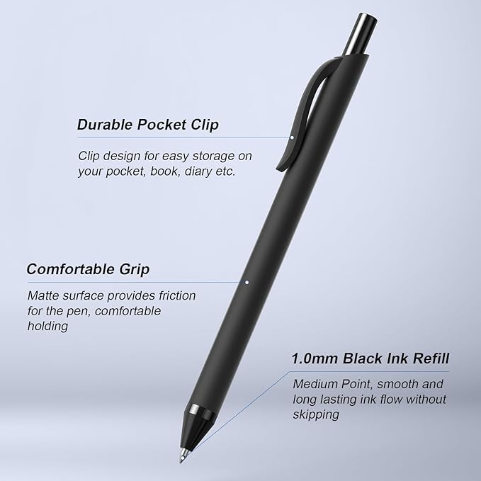50 Pack Black Ink Pens - Bulk Pens, 1.0MM Medium Point Ballpoint Pens, Smooth Writing No Bleed Retractable Ball Point Pen (Black)