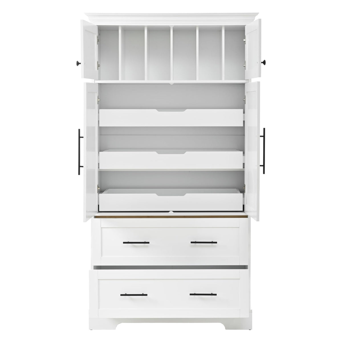 Merax 72.6" Farmhouse Kitchen Pantry Cabinet with Pull-Out Trays & Drawers, Freestanding Pantry with Cake Pan Storage, 4-Door Shaker Style Storage Cabinet, 40" L x 18" W, White