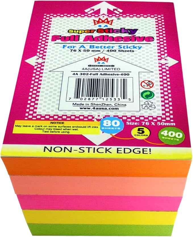 Full Adhesive Sticky Notes 3x2 - Bright Colors (400 Sheets)