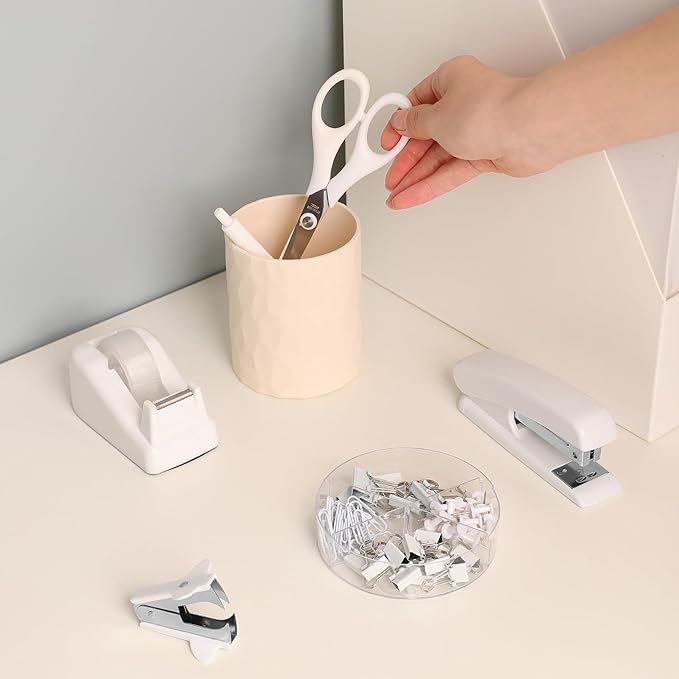 SKYDUE White Office Supplies Set, Desk Accessories, Stapler, Tape Dispenser, Scissors, Binder/Paper Clips and 1000pcs Staples, Office Decor for Women