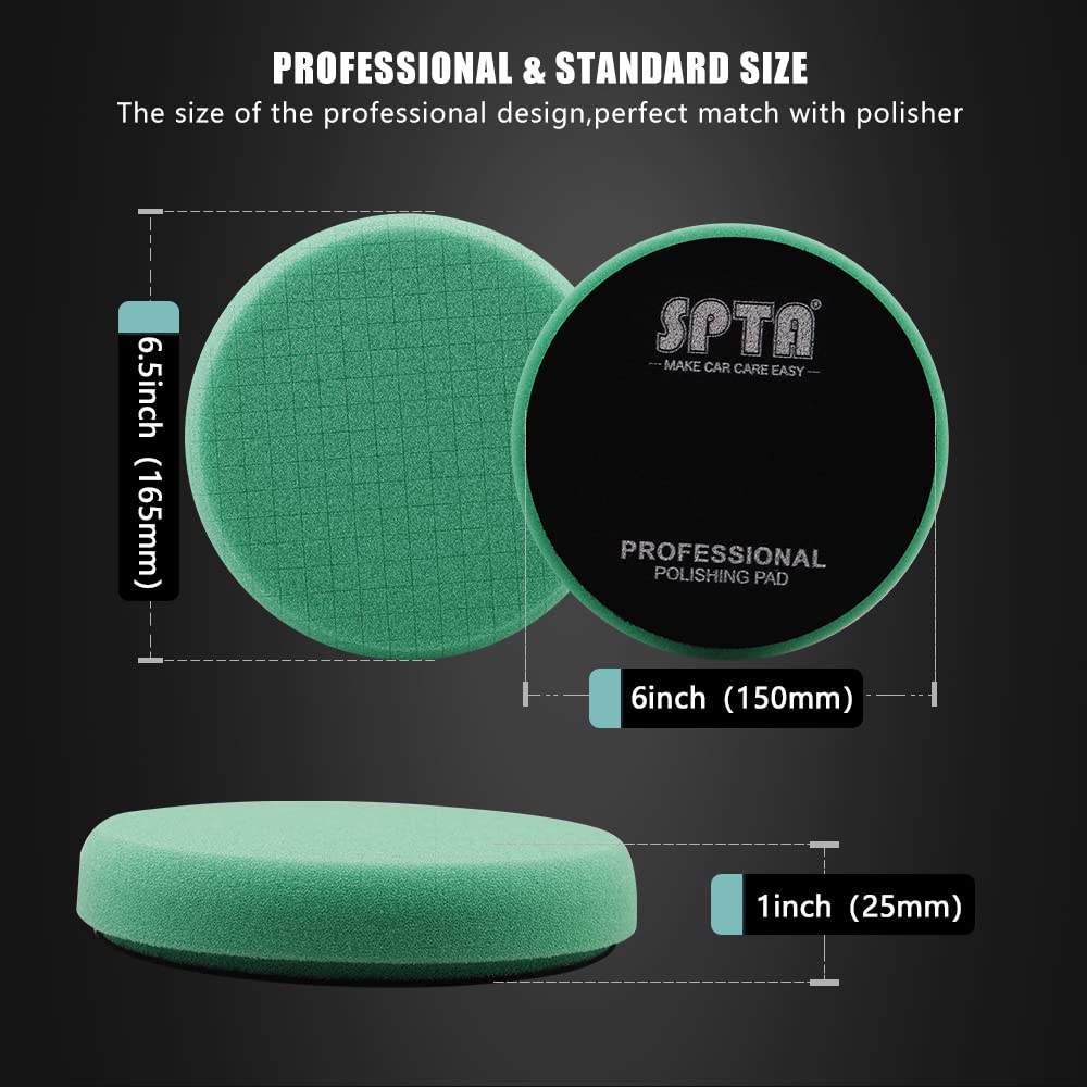 Green Heavy Cut Pad, Buffing Polishing Pads, SPTA 1Pc 6.5 Inch Face for 6 Inch 150mm Backing Plate Compound Buffing Sponge Pads for Car Buffer Polisher Compounding, Polishing and Waxing -FPTSS6G