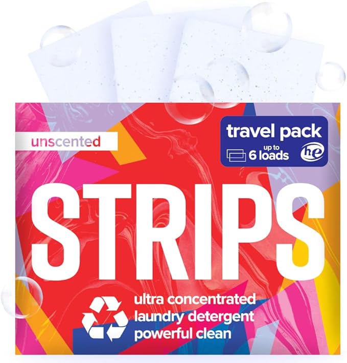 STRIPS Laundry Detergent Sheets Unscented Travel Pack (3ct, 6 loads) Fragrance Free Eco Liquidless Soap, Travel-Friendly, Dissolves in Hot & Cold, Hypoallergenic, Tackles Tough Stains & Odors