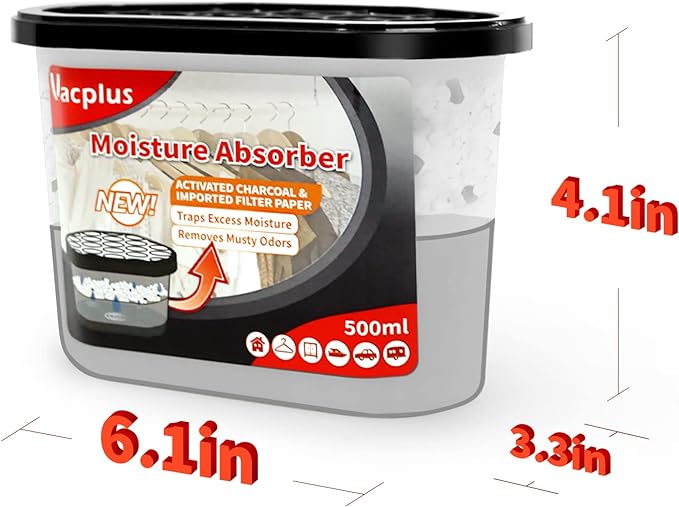 Vacplus Moisture Absorbers 6 Pack, 10.5 Oz Portable Humidity Absorber Boxes for Your Bathroom, Closet & Car, Dehumidifier with Activated Carbonfor, Black