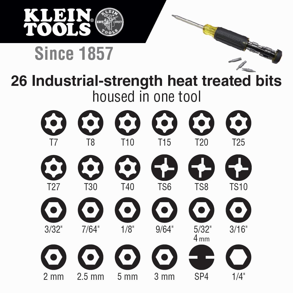 Klein Tools 32307 Multi-bit Tamperproof Screwdriver, 27-in-1 Tool with Torx, Hex, Torq and Spanner Bits with 1/4-Inch Nut Driver