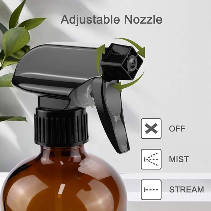 Glass Spray Bottles, 16oz Amber Glass Spray Bottles with Labels & Adjustable Nozzle, Reusable Containers for Cleaning, BBQ, Food, Plants, Alcohol, Essential Oils(1 Pack)