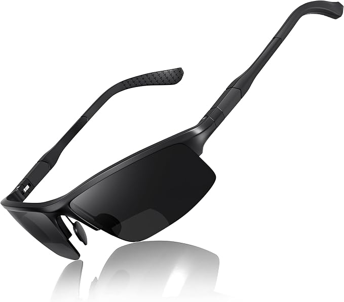 SKYOAK Sports Bifocal Reading Sunglasses Men Wrap Around UV 400 Protection Aluminum Frame Glasses Spring Hinge Semi Rimless Sun Readers Built In Driving/Running/Fishing Black,1.5