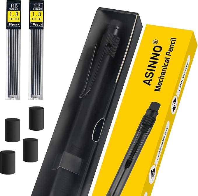 ASINNO 1.3 MM Mechanical Pencil, Weatherproof 2B Dark Lead, Heavy Duty Mechanical Pencil Woodworking Pencils with 20 Lead Refills and 4 Erasers, for Outdoor Marking Drafting Drawing Sketching