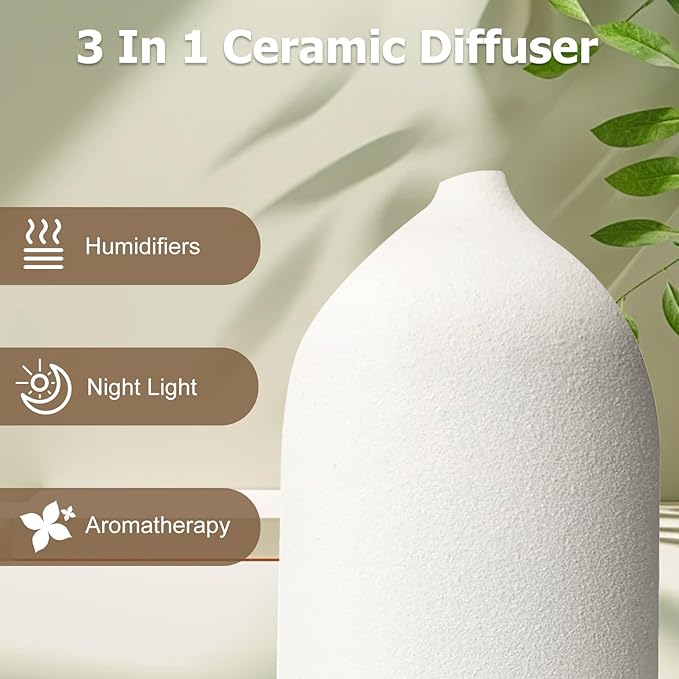 Essential Oil Diffuser Humidifiers, Aromatherapy Diffusers, Ceramic Essential Oil Diffuser, 7 Color LED Lights Auto Shut-Off, 4 Timer Mode for Office and Room 100ML White