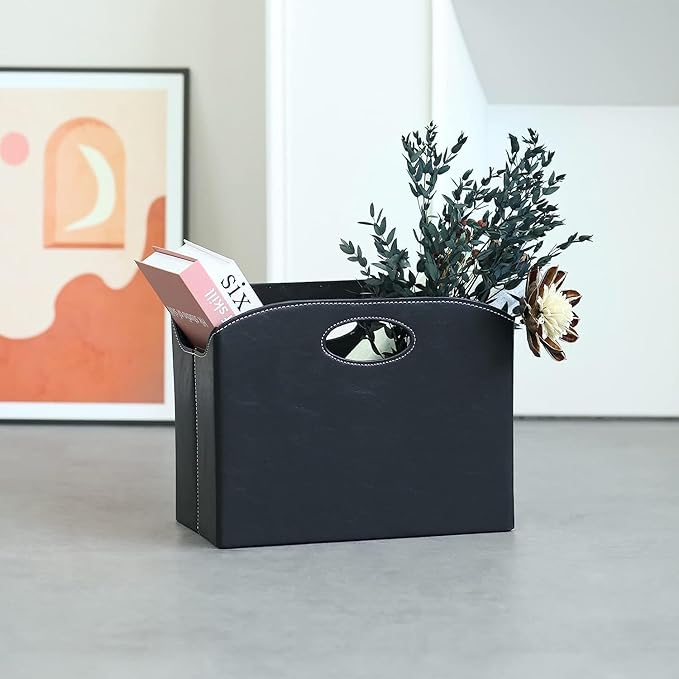 EZDeco Magazine Holder Foldable Magazine Rack Floor PU Leather File Holder Newspaper Book Storage Basket Document File Folder Organizer for Office Home (Black-2)