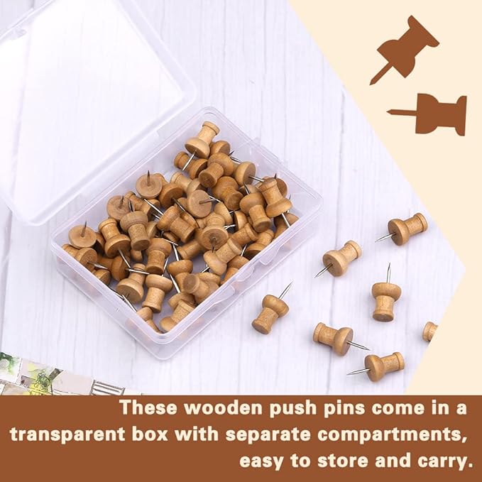50 Pcs Wooden Push Pins, Decorative Thumb Tacks, Push Pins for Cork Board Head Pin Wood Map Tacks Marking Pin, Wood Thumb Tacks Decorative for Bulletin Boards Craft Projects with Storage Box, Coffee