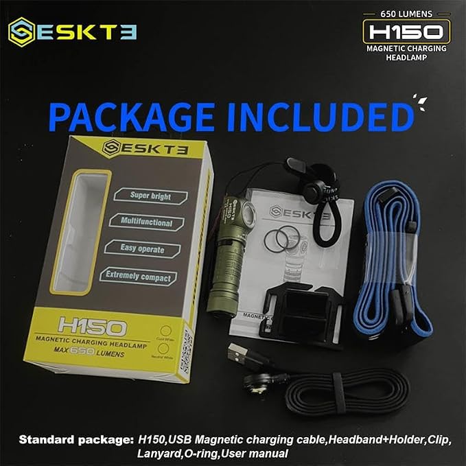 H150 Compact USB Magnetic LED Headlamp, Rechargeable EDC Light for Camping, Running, Hiking, Outdoor (Green, Cool White led)