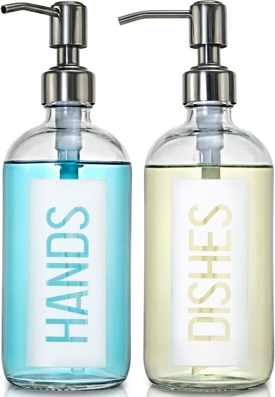 JASAI 2Pack 18OZ Glass Soap Dispenser with Rustproof 304 Stainless Steel Pump, Kitchen Soap Dispenser for Hands & Dishes (White)