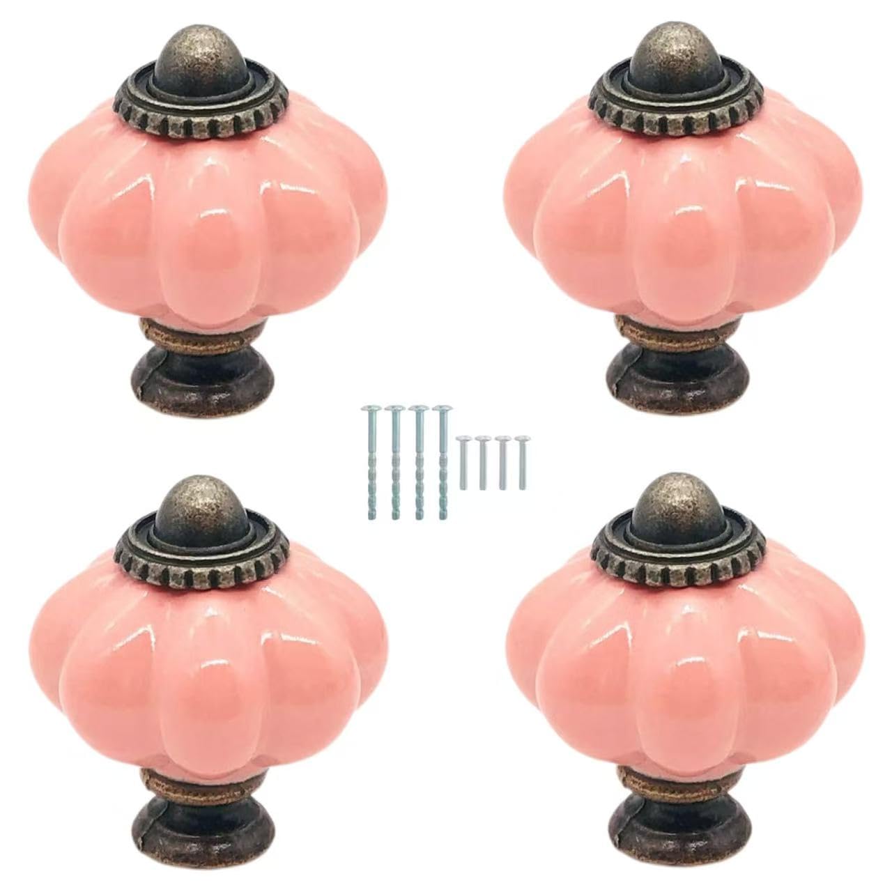 Eledabra 4 pcs Pink Pumpkin Knobs, Vintage Ceramic Cabinet Knobs, Dresser, Drawer,Door Knobs Drawer Pulls Dresser Handles with Mounting Screws
