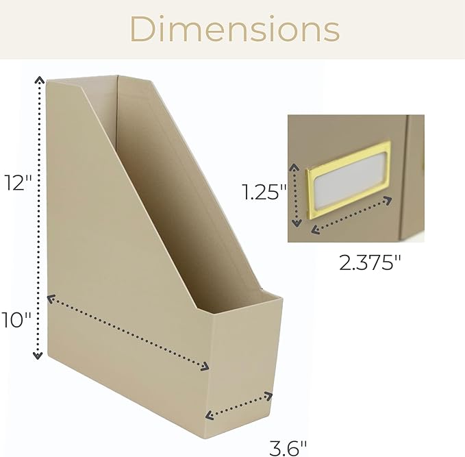 BLU MONACO Set of 6 Foldable Magazine File Holders in Taupe – Sturdy Cardboard Vertical Organizers with Label Holders – Office File Storage Box, Desk Organizer, Paperwork and Document Holder