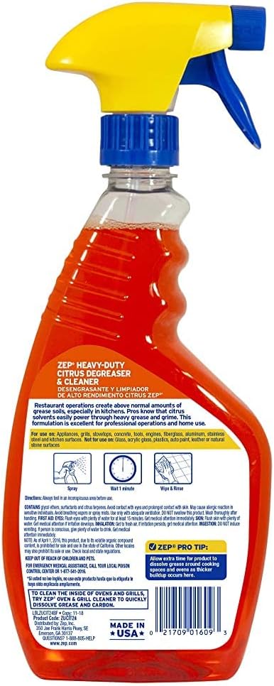 Zep Heavy-Duty Citrus Degreaser and Cleaner - 24 oz (Case of 2) ECZUCIT242 - Restaurant Grade, Removes Oil, Grease, Adhesive, and Kitchen Soil on Stovetops, Appliances