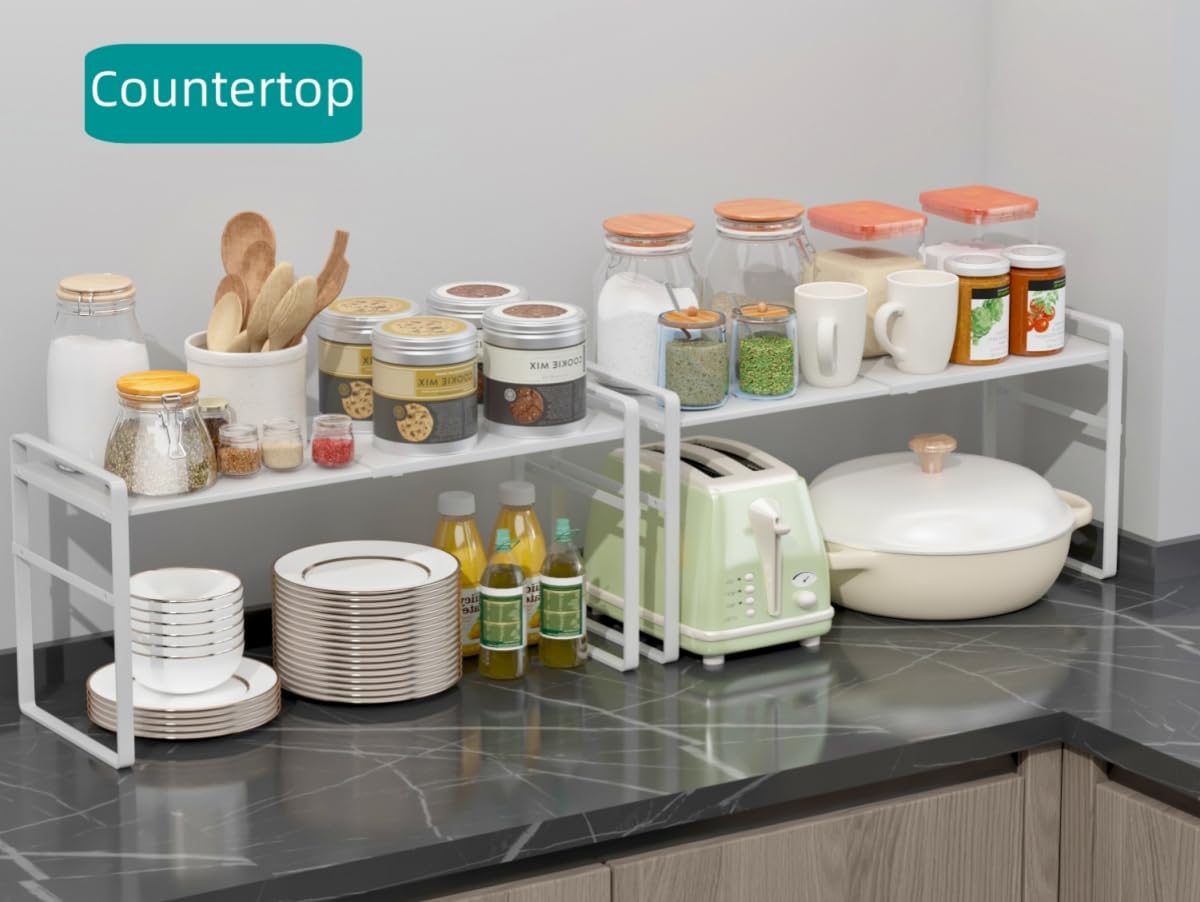 LJHFUQHUHU Expandable Cabinet Shelf Organizer Riser for Kitchen Pantry Cupboard Under Sink Countertop,Kitchen Cabinet Shelf (White)