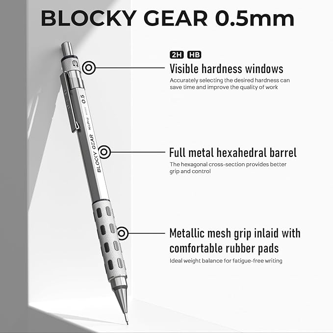 Nicpro 3 Pack Blocky Gear 0.5 mm Metal Mechanical Pencils Set with Case, Lead Drafting Pencil with 8 Tube (480PCS) Lead Refills(HB 2B), 4 Erasers, 18 Eraser Refills for Art Writing, Sketching Drawing