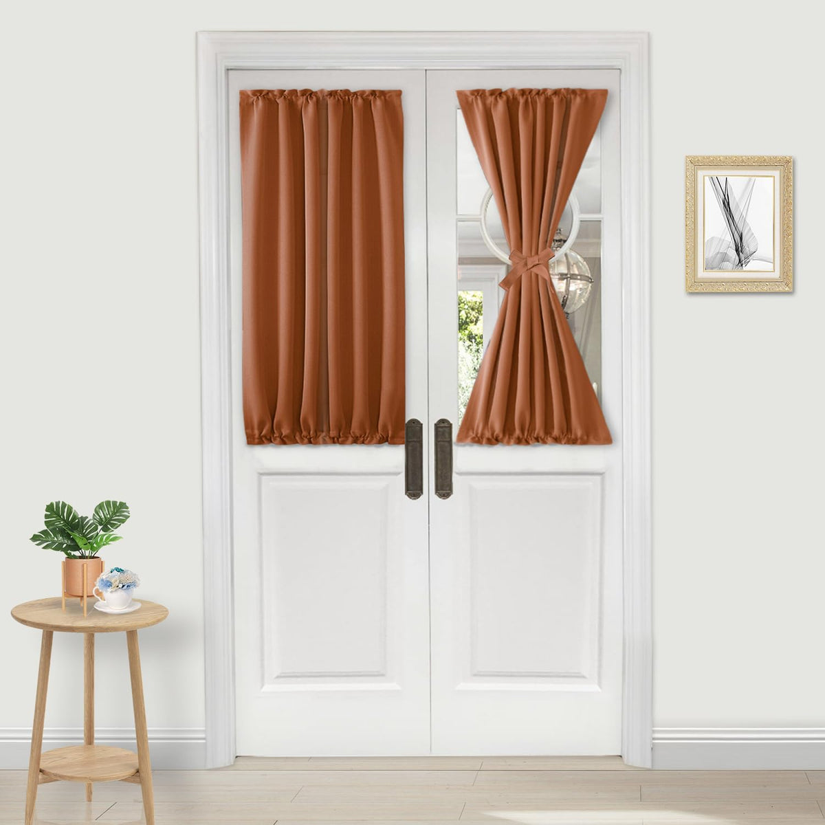 DWCN French Door Curtains – Rod Pocket Thermal Blackout Curtain for Doors with Glass Window, Kitchen and Patio Doors for Privacy, 25 X 40 Inches Long, 1 Curtain Panel with Tieback,Burnt Ochre