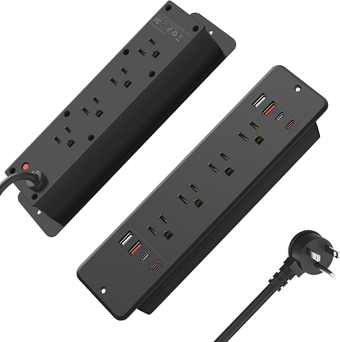 HHSOET 8 Outlet Recessed Power Strip, 30W Fast Charging Furniture Power Outlet USB C, Flush Mount Surge Protection Socket with 4 USB-A and 4 USB-C, 10ft Power Cord. (Black)