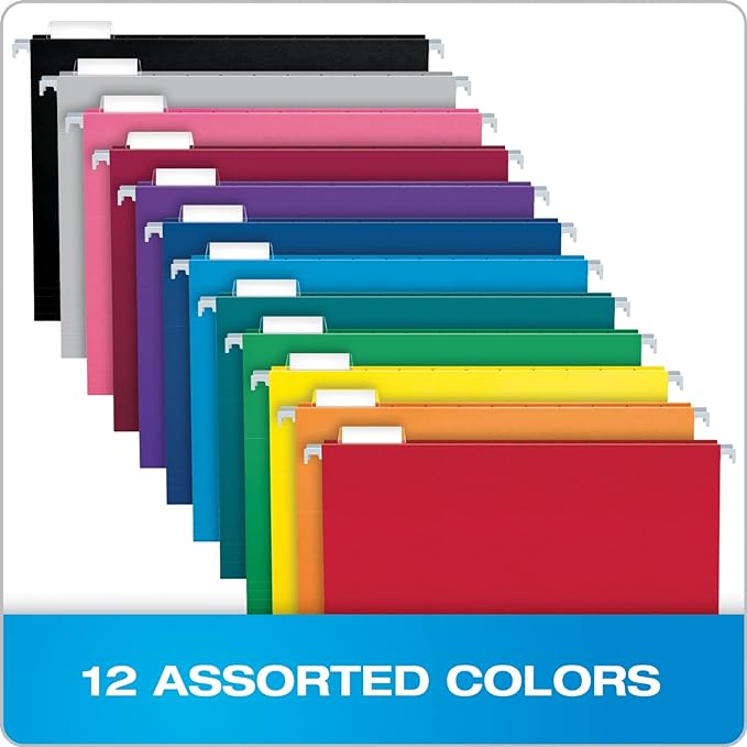 Pendaflex Colored Hanging File Folders Letter Size with 1/5 Cut Adjustable Tabs, 8.5 X 11-50 Pack of 12 Assorted Colors
