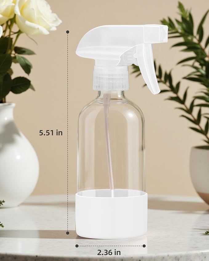 4 Pack Glass Spray Bottles 8 oz, Empty Refillable Containers with Silicone Sleeve Protection, Glass Spray Bottles for Cleaning Solutions, Hair and Plants with Adjustable Nozzles Black&White