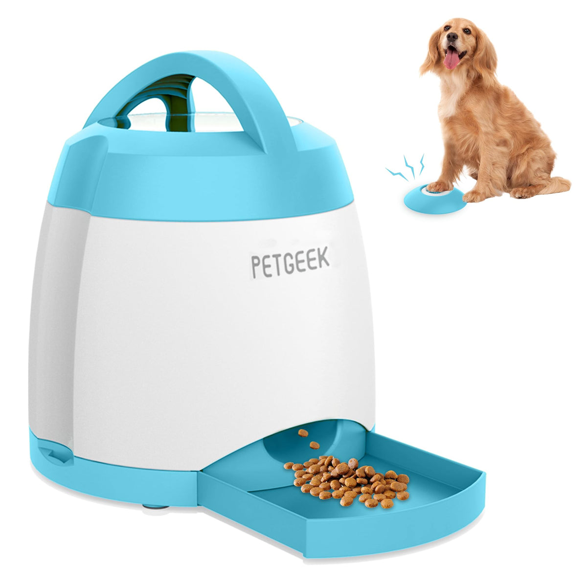 PETGEEK Automatic Dog Feeder/Treat Dispenser with Rechargeable Button Remote Control, Interactive Dog Food Puzzle & Stimulation Toys, 400ml Capacity Pet Dispensing Toy for Indoor/Outdoor Play