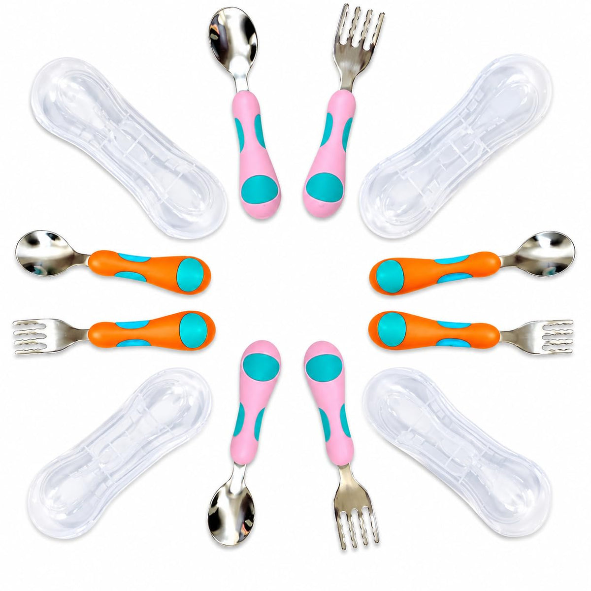 Toddler Silverware, Kids Utensils, Stainless Steel Forks Spoons Set With Travel Case For 1 2 3 & 4 Year Old. Metal Cutlery for Children Girls Boys Baby, Round Handle 8 Pieces (4 Sets) Pink Blue Orange