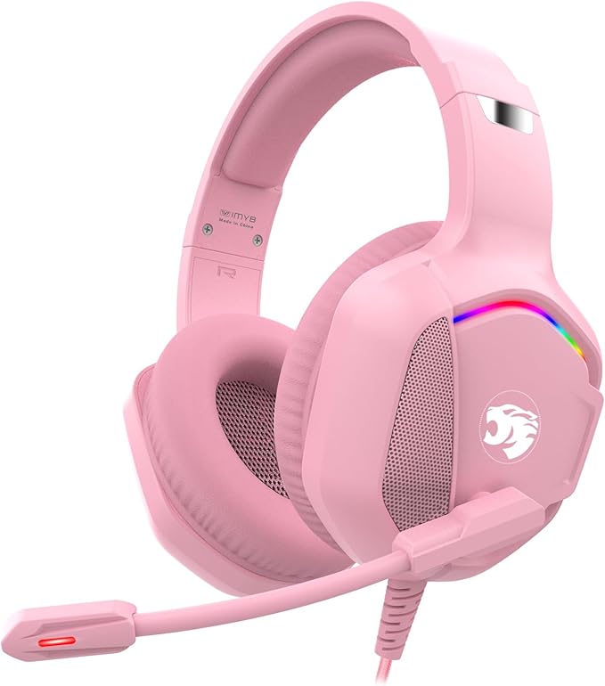 Gaming Headset with Microphone for Pc, Xbox One Series X/s, Ps4, Ps5, Switch, Stereo Wired Noise Cancelling Over-Ear Headphones with Mic, RGB, for Computer, Laptop, Mac, Nintendo, Gamer (Pink)