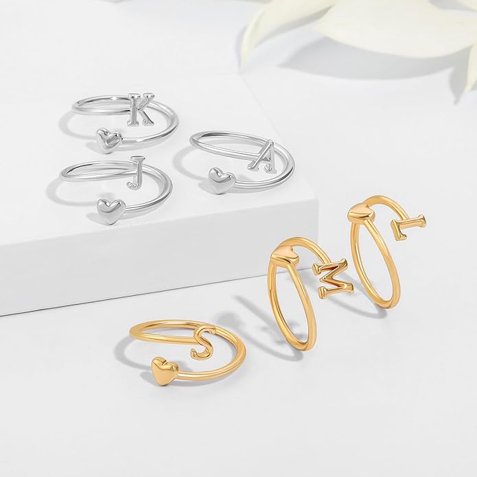 Initial Rings for Women Girls - Valentines Day Gifts for Her, Adjustable Rings for Women Non Tarnish Letter A-Z Dainty Heart Ring Teen Girls Gifts Trendy Stuff Personalized Jewelry Gift