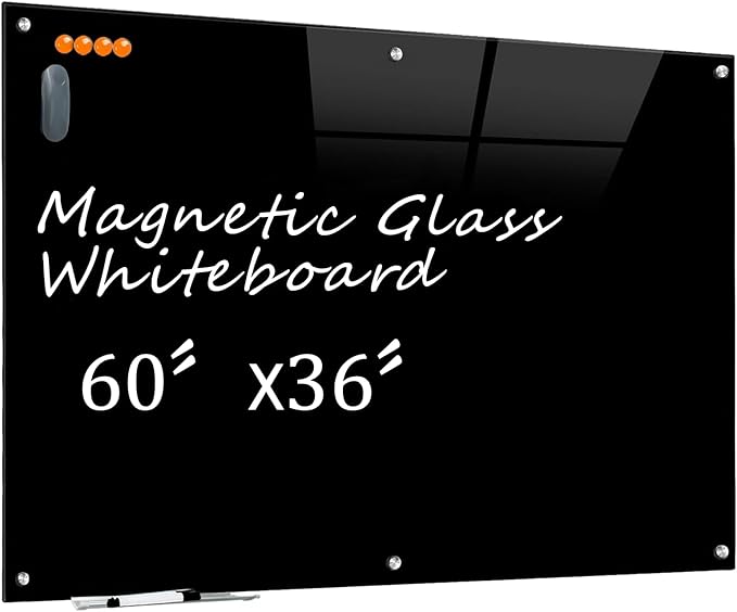 KIZZBY Glass Dry Erase Board - Magnetic Blackboard, 60"X36" Frameless Black Board Clear Glass Boards with Super Strong Magnets, Wall Mounted for Office, Classroom and Home