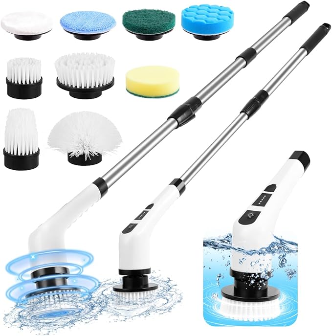 Electric Spin Scrubber,Cordless Spin Scrubber for Cleaning with 8 Replaceable Brush Heads,Shower Scrubber with Adjustable Detachable Handle for Bathroom,Kitchen