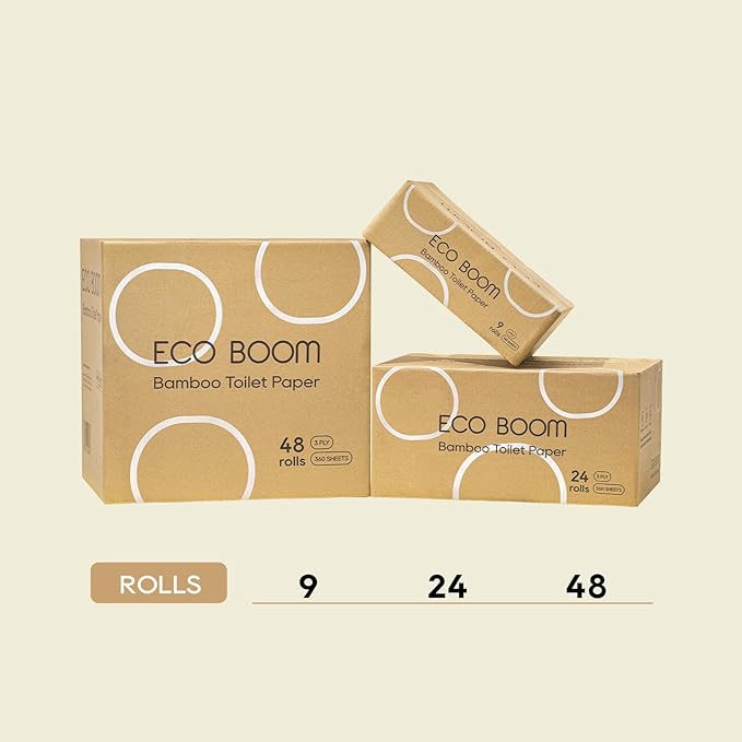 ECO BOOM Toilet Paper 100% Bamboo 3-fly, PFAS Free, BPA Free, Septic Safe, 48 mega Rolls, FSC Certified, 360 Sheets, Plastic & Chemical Free