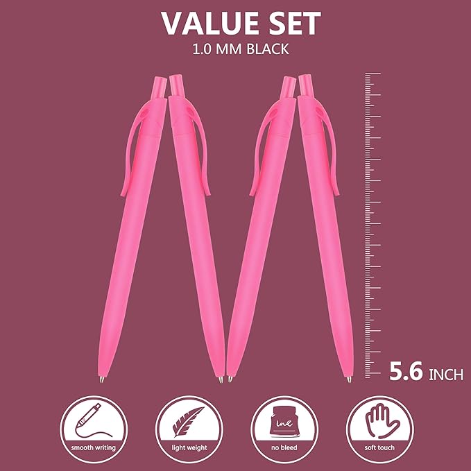 Deegtran 200 Pack No Bleed Pink Barrel Click Pens, Wholesale Retractable Ballpoint Pens, Medium Point, Smooth Ink, 1.0MM Black Ink