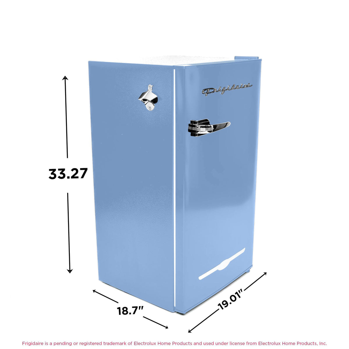 Frigidaire Retro Compact Fridge with Chiller, 3.2 cu ft Countertop Fridge with Built-In Bottle Opener, Compact Refrigerator for Office, Bedroom, Dorm Room or Cabin - 16.5" D x 19" W x 31" H (Blue)