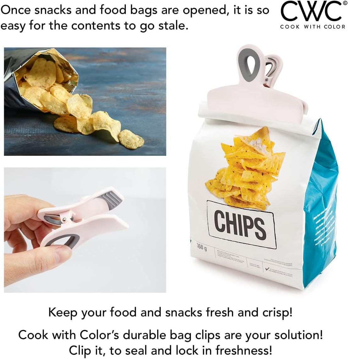 COOK WITH COLOR Bag Clips - Heavy Duty Chip Clip and Refrigerator Magnet Clips for Food Storage with Air Tight Seal Grip, Pink, Pack of 8