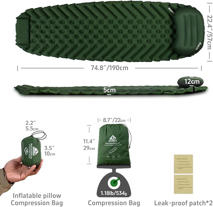 Camping Sleeping mat and Inflatable Pillow - Set, Portable, Ultra-Light, Thickened, Quick to inflate in 30s, can be Spliced. Suitable for Backpacking, Hiking, Camping and Other Scenes