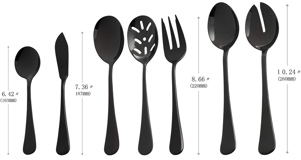 culterman Black Serving utensils set. Stainless Steel Hostess Flatware Sets 7-Piece Includes Silverware Large Salad Spoons,Forks,knifes.Dishwasher Safe.