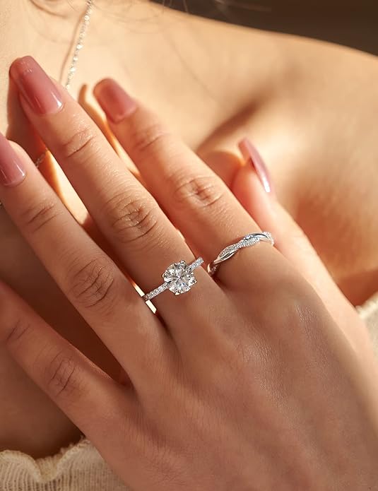 IMOLOVE Solitaire Moissanite Engagement Ring, 1CT D Color VVS1 Clarity, 925 Sterling Silver with 18K White Gold Plated, Ideal Gift for Women