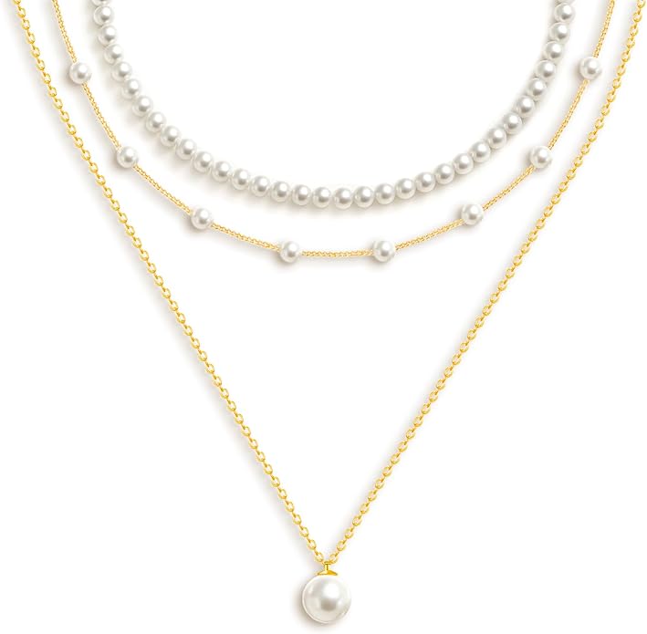 OGD Gold Pearl Necklaces Set for Women 14K Gold Plated Dainty Layered Pearl Cute Daisy Pearl Choker Gold Necklace Gifts for Women Gold Trendy Jewelry Gifts