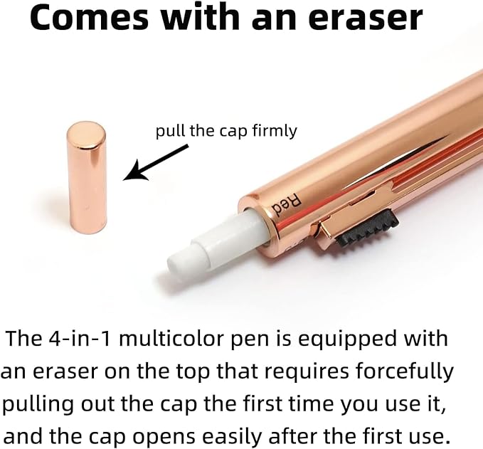 YOUMI Multicolor pen 4 in 1 Multifunction Pen with Metal Cased 0.5mm Mechanical Pencil Red Ballpoint Pen Blue BallpointPen and Black Ballpoint Pen Gift for Journaling (Rose gold)