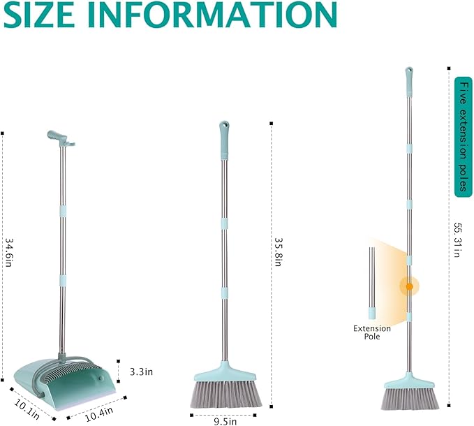 XXXFLOWER Broom and Dustpan Set with Cleaning Teeth, 55" Long Handle Indoor Sweeping Combo for Home Office Kitchen, Bluish Green