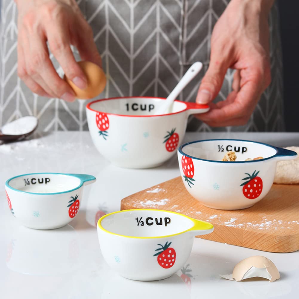 WAYUTO Ceramic Strawberry Measuring Cups with Handle Set of 4 Creative Baking Measuring Cups for Dry Wet Ingredients Cooking Baking Bowls Dishwasher Safe 1 CUP 1/2 CUP 1/3 CUP 1/4 CUP Unique Gift