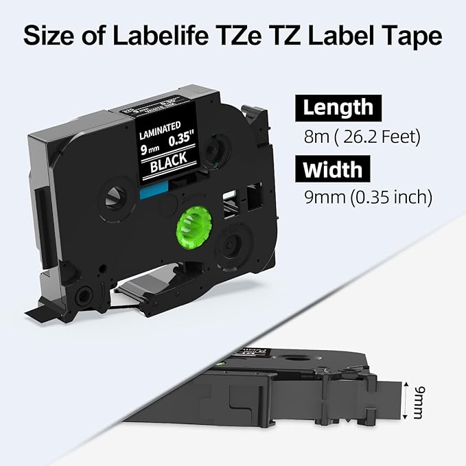 Labelife 9mm Label Tape White on Black Replace for Brother TZe TZ Tape 9mm 0.35" Laminated TZe-325 TZe325 Label Maker Tape 3/8'' for P Touch PT-D210 PT-D220 PT-D200 PT-H110 PT-D400 PT-D610BT