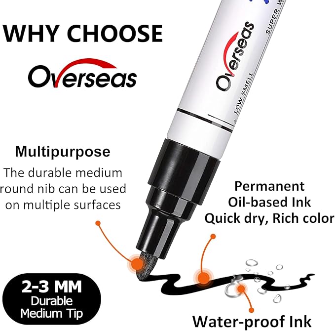 Overseas Permanent Paint Markers Pens - 3 Pack Black Oil Based Paint Pens, Medium Tip, Quick Drying and Waterproof Marker Pen for Metal, Rock, Wood, Fabric, Plastic, Canvas, Mugs, Stone, Glass