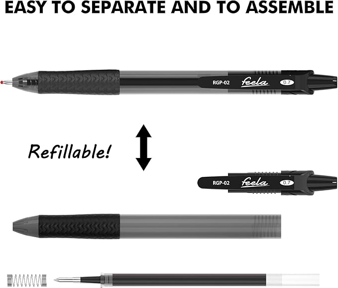 feela 52 Pack Retractable Black Ink Gel Pens, Premium Medium Point Rollerball Pens for School Smooth Writing with Comfort Grip(19 Black with 27 Refills+1 Blue with 2 Refills+1 Red with 2 Refills)